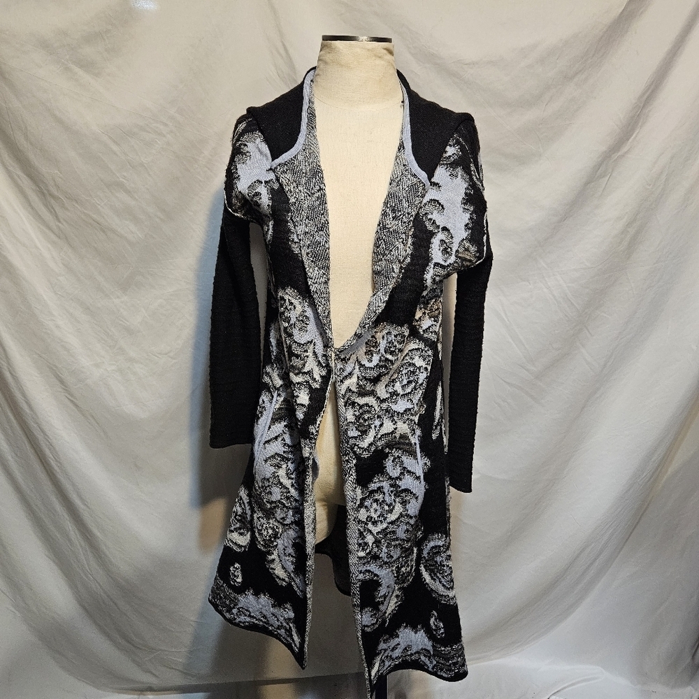 Free People After the Storm Hooded Long Open Face Cardigan Black Grey Sz XS